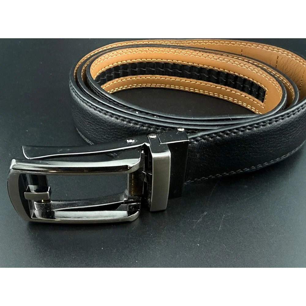 Comfort Click Mens Ratchet Belt Black Leather Gunmetal Buckle Adjustable 45 inch